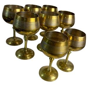 Set of 8 solid brass goblets etched embossed‎ made in India Vintage